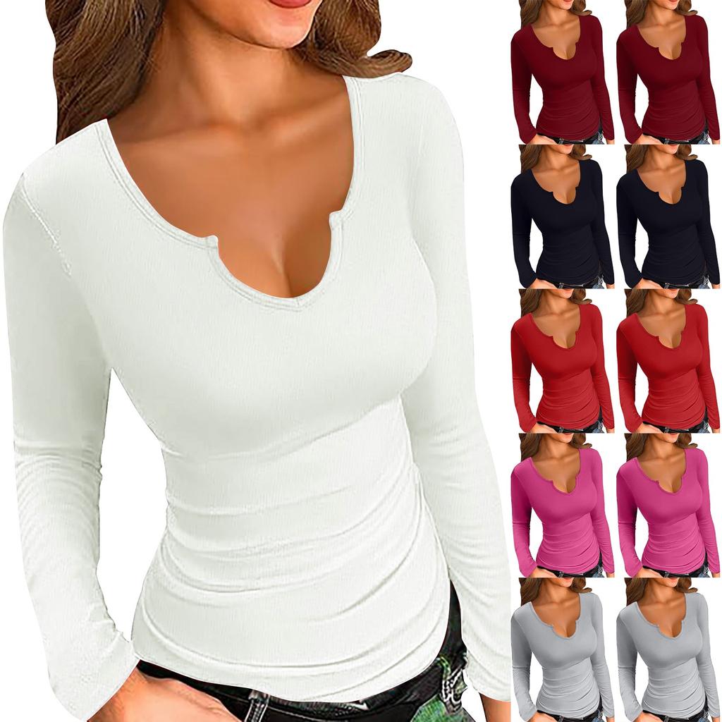 Mote dame V-hals langermet slim ribbestrikket T-skjorte ensfarget topper