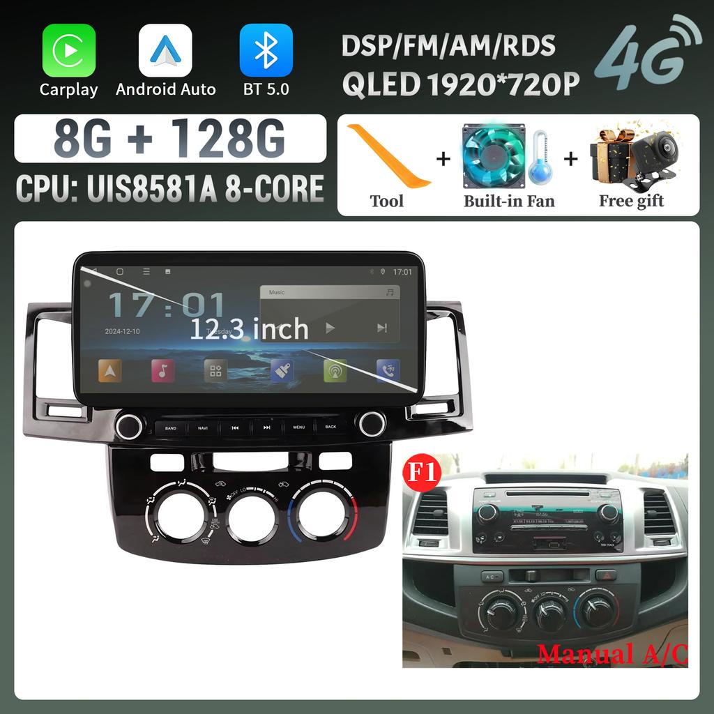 12.3″Car Radio Multimedia 4G GPS For Toyota Hilux 2005-2014 Android 14 Navigation Wireless Carplay Bluetooth Touch Screen