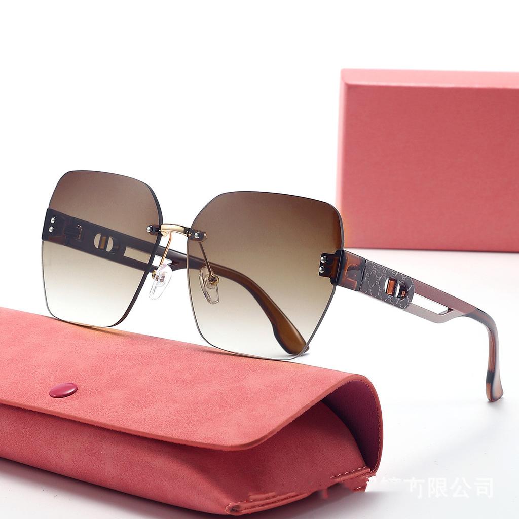 New Khaki Print Frameless Cut Edge Large Frame Fashion Sunglasses for Women Gradient Polygonal Sunglasses DS-8170