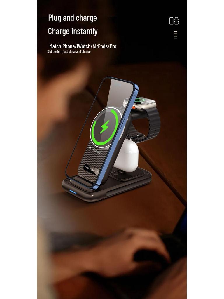 3-in-1 Foldable Wireless Charging Stand with Magnetic Cable for Fast Charging