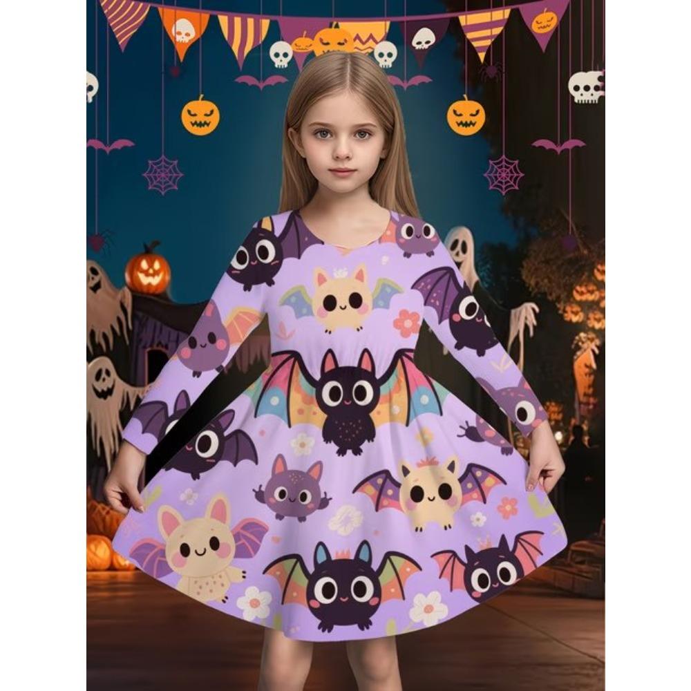 Mädchen Lässiges 3D Halloween Print Rundhals Langarm Kleid Kinder Prinzessinnenkleid