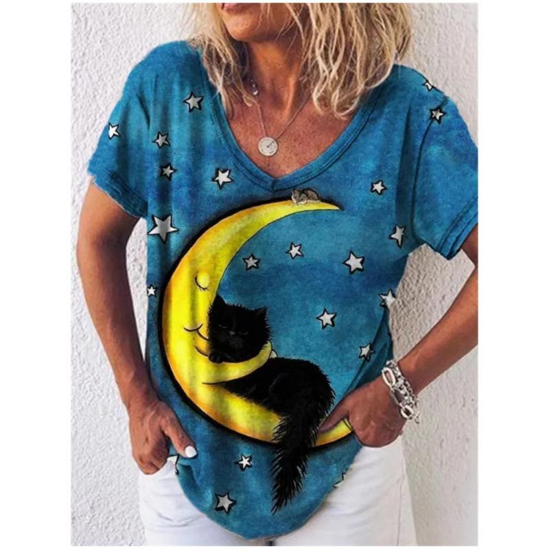 Summer V-neck 3D Cute Cat Printed Top Fashionable Casual Short Sleeved Women's T-shirts