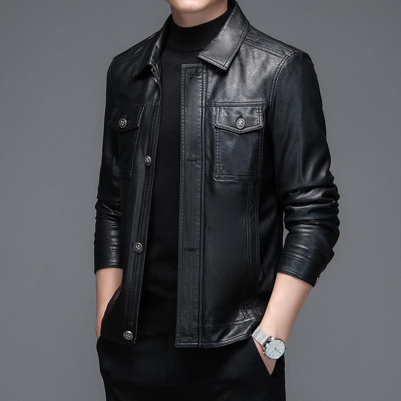 Men's Sheepskin Leather Jacket Autumn and Winter Fashionable Young and Middle-aged Jacket Men's Velvet Warm Men's Leather Jacket
