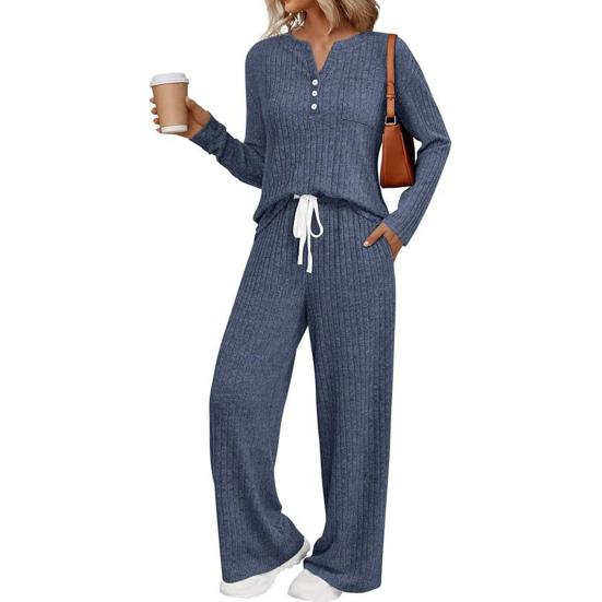 Women's 2 Piece Lounge Outfits Casual Long Sleeve Top Wide Leg Pants Pajamas Set Ribbed Sweater Sleepwear