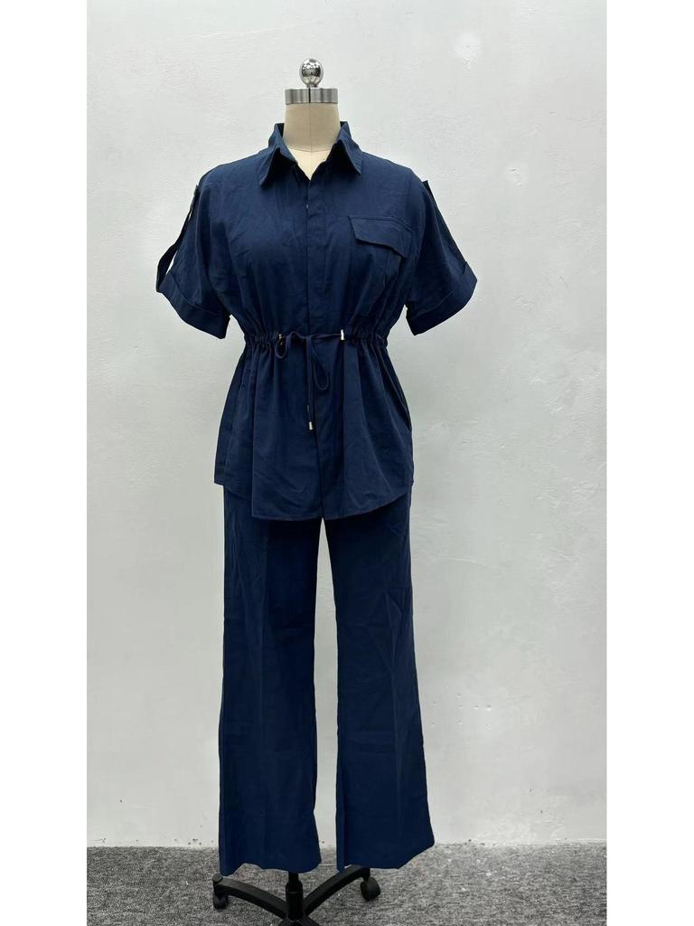 Women's Casual Summer Two-Piece Set: Short-Sleeve Pocket Shirt & Long Pants