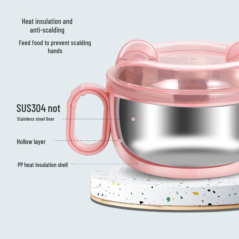 304 Stainless Steel Anti-fall Children's Bowl with Lid, Double Ear, Cute Cartoon for Infants.