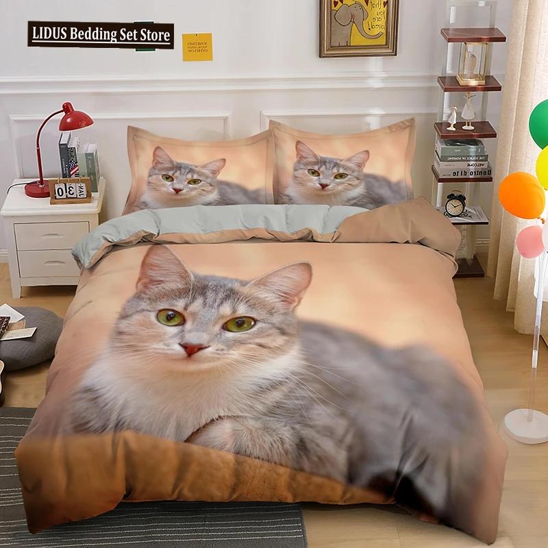 Set Copripiumino 3D Gatto Adorabile, Set Biancheria da Letto Carino Gatto Domestico Taglia Matrimoniale Queen King, Copripiumini di Lusso Animali Carini Regali Tessili per la Casa