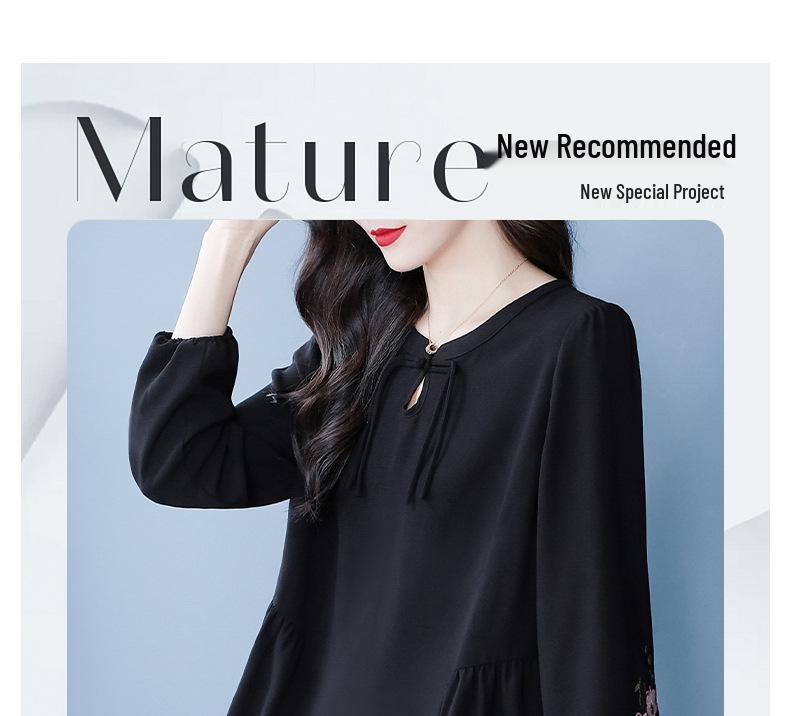 Nadměrná velikost vyšívaný top s dlouhým rukávem a kulatým výstřihem na podzim/zimu - Pro ženy středního věku a starší