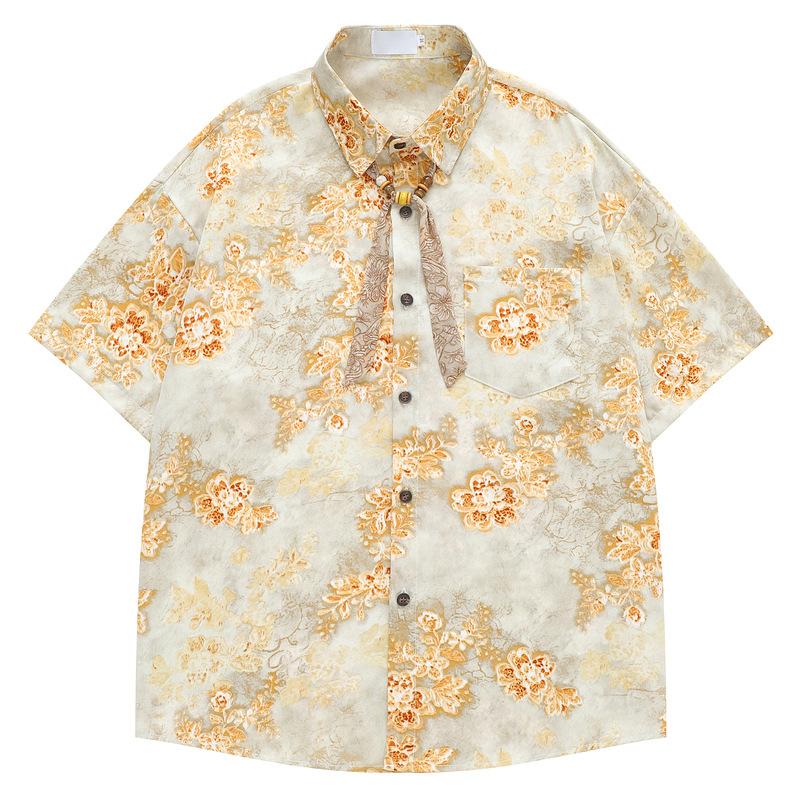 Rice bottom warm yellow flower smudge short-sleeved shirt with same pattern streamer wooden bead pendant loose shoulder shirt for men and women