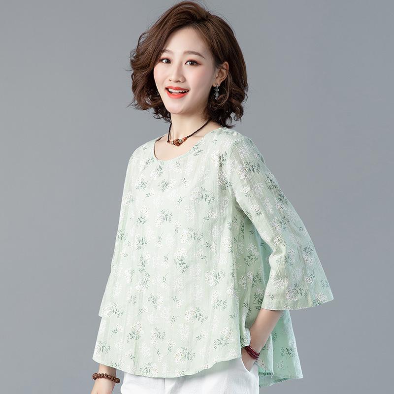 2026 Summer Artistic Plus Size Women s Printed Seven-Sleeve Round Neck Top Medium светло-зеленый