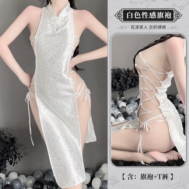 Sex underwear retro buckle sexy temptation straps high split jacquard satin cheongsam nightdress