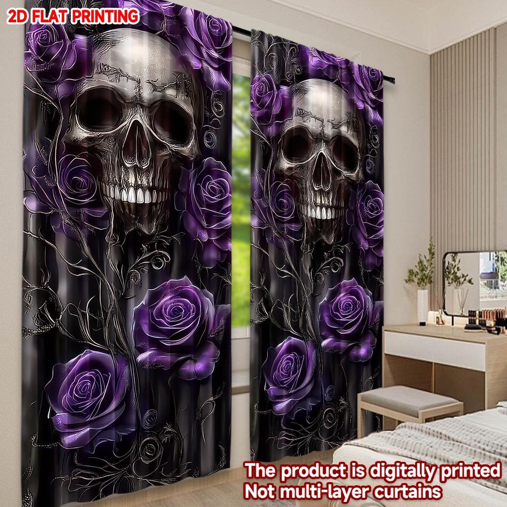 Set aus 2 Totenkopf-Rosen-Vorhängen Gotisch Weiß Lila Rosen Schwarze Ranken Dunkler Hintergrund Horror-Thema Zimmervorhang Polyester