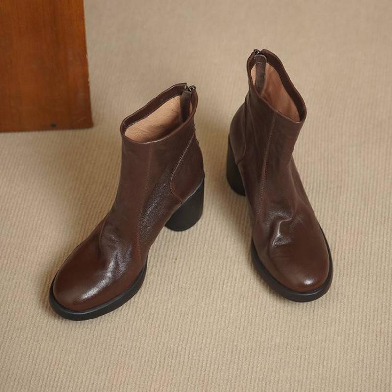 

Осенне-зимние женские кожаные ботинки однотонные на высоком каблуке резиновая мягкая подошва задняя молния овчина модные ботинки новые низкие ботинки женские 40
