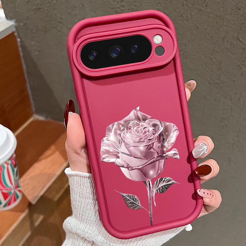 Crystal Rose Flower Pattern Soft TPU Matte Case For Google Pixel 9 Pro XL 8 Pro 8A Solid Color Shockproof Lens Protection Phone Cover