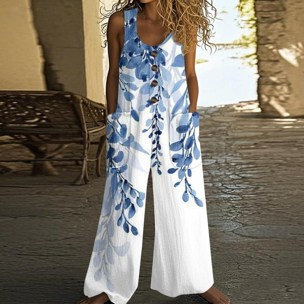 Dámský módní ležérní overal bez rukávů s knoflíky, bavlněný overal s kapsami a retro květinovým potiskem