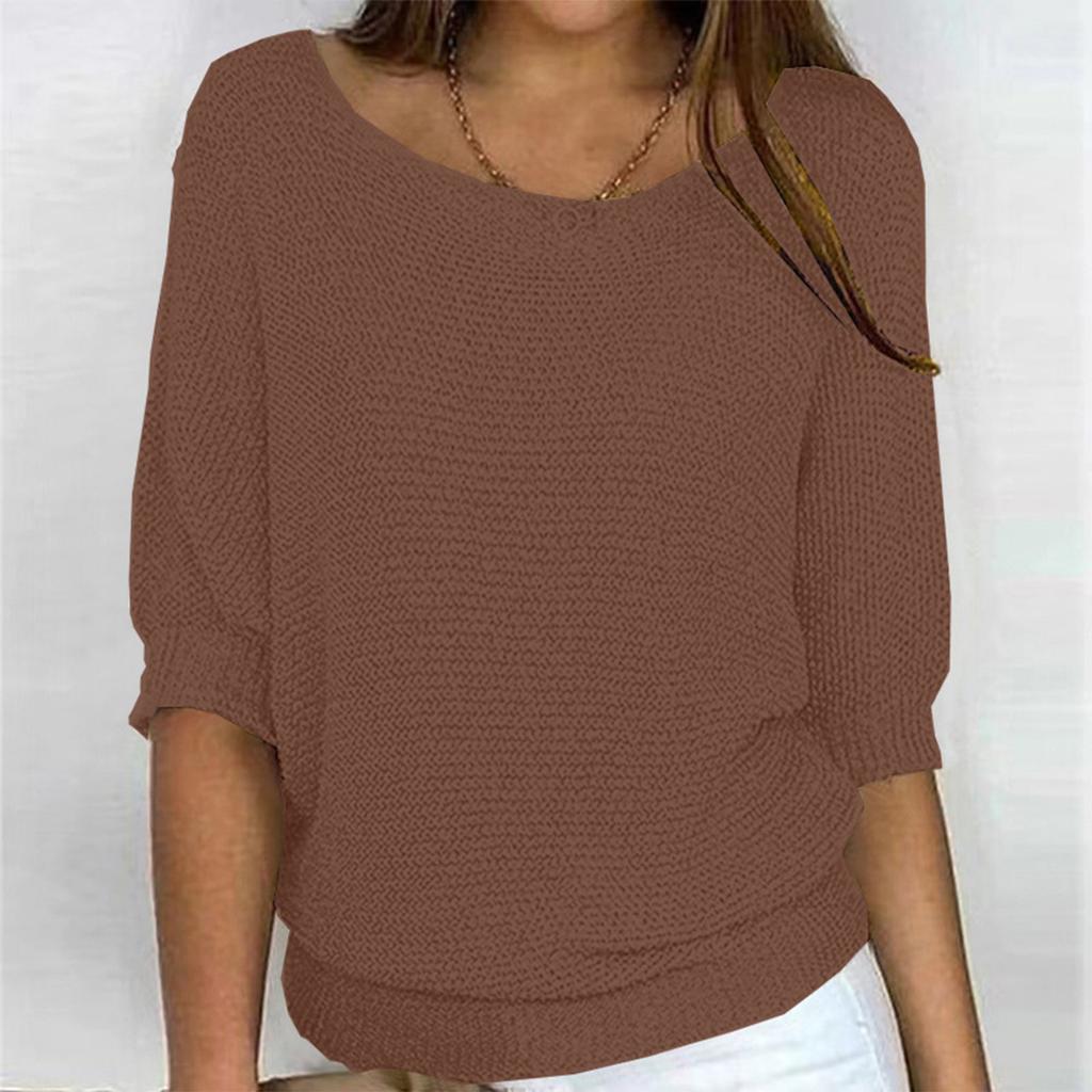 Women's Fashion Solid Color Round Neck 3/4 Sleeve Pullover Knitted Shirt Top