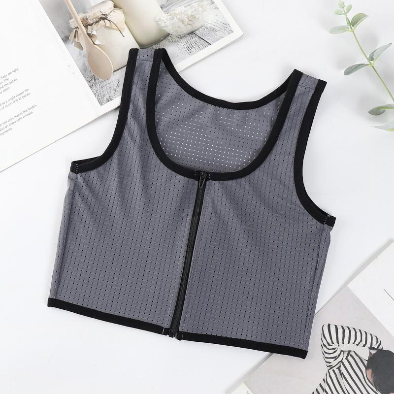 Front Zipper Compression Sports Bra Flat Chest Look Breathable Mesh Lightweight Support Daily Wear Exercise