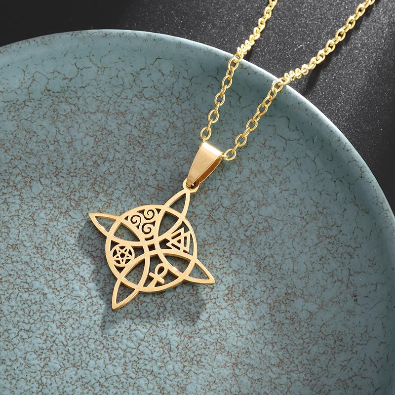 Witchcraft Knot Necklace Irish Trinity Knot Triple Spiral Pendant Stainless Steel Ankh Cross Pentagram Amulet Jewelry