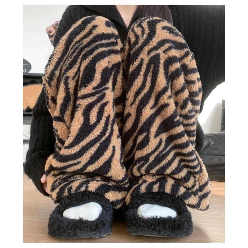 Women's Autumn Winter American Tiger Print Casual Pants Warm Loose High Waist Drape Slim Wide-leg Trousers