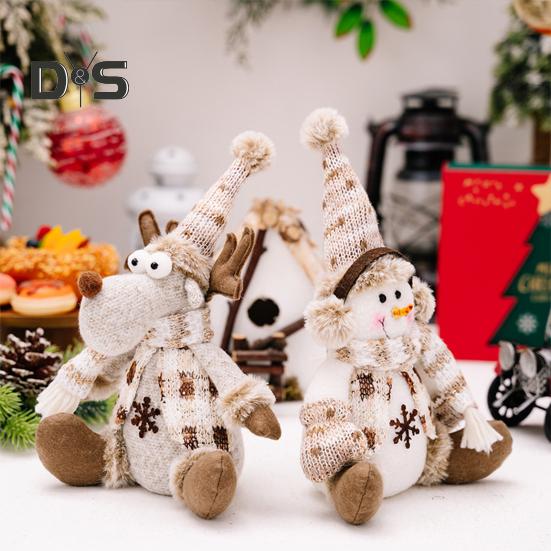 Christmas Doll Plush Knitted Snowman Elk Santa Doll Toy Soft Sitting Christmas Figure Desktop Decor Stuffed Holiday Pillow for Window Bookshelf