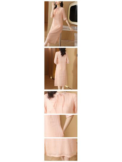 Elegant Mid-Length Embroidered Qipao with Cotton Linen and Frog Buttons