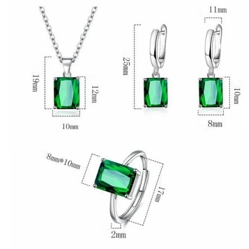 1SET European and American Romantic Emerald Rectangular Zircon Jewelry Set Women's Personality Colorful Rhinestone Necklace Earring Adjustable Ring