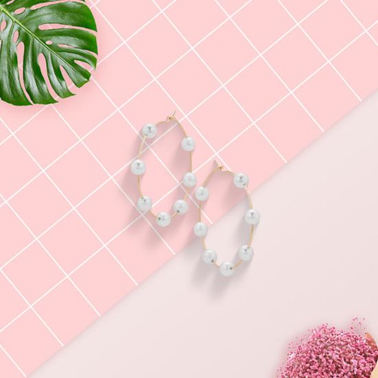 1 Pair Women Large Hoop Earrings Faux Pearl Round Circle Exaggerated Style Party Prom Formal Occasion Ear Hoop Ear Jewelry