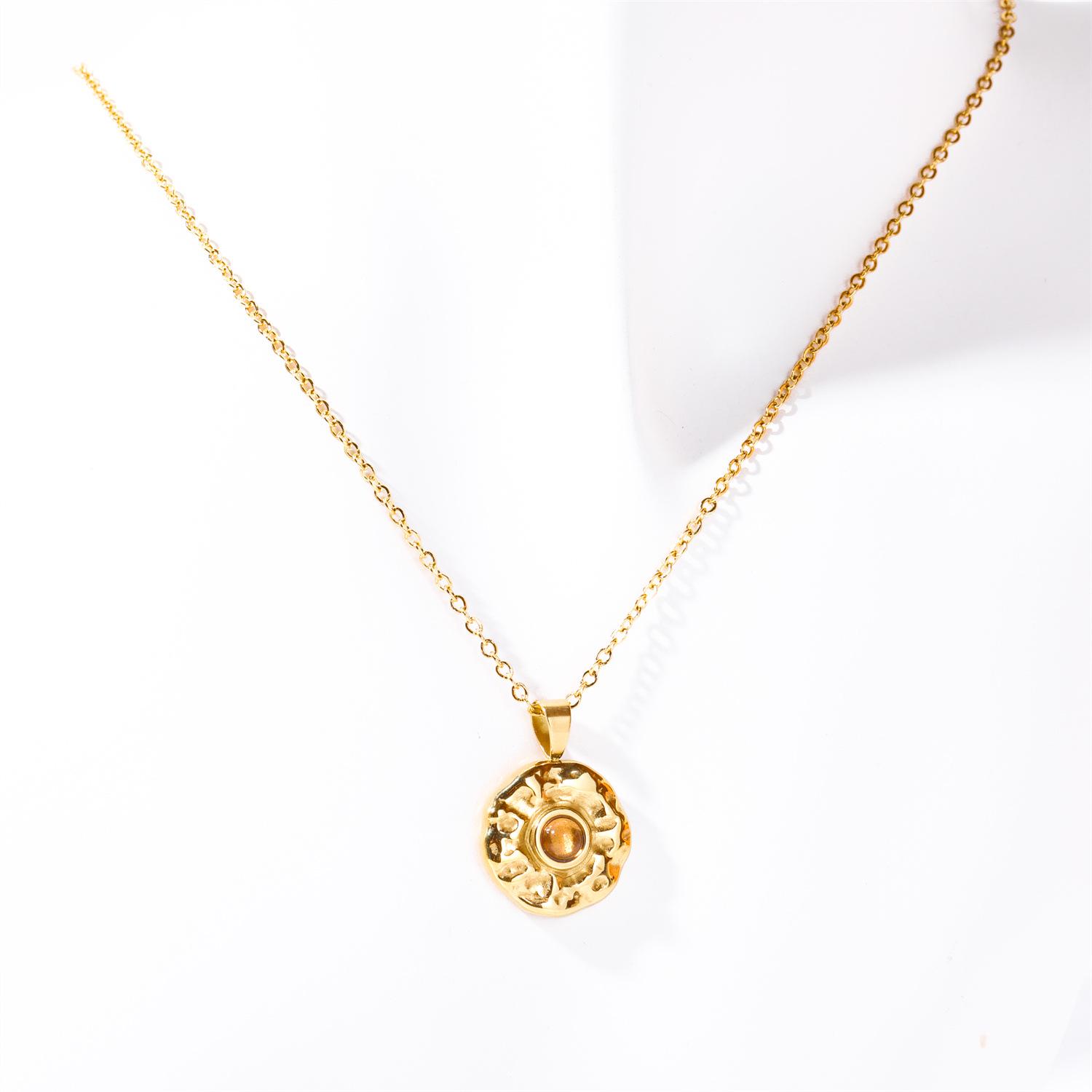 Artistic Retro Geometric Titanium Steel Irregular Round Coin Pendant Necklace with December Birthstone
