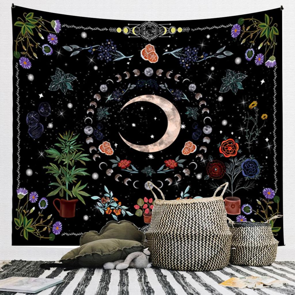 VIKAMA Vintage Floral Moon Phase Tapestry Bohemian Flower Star Moon Wall Blanket for Bedroom Living Room Dormitory Decor