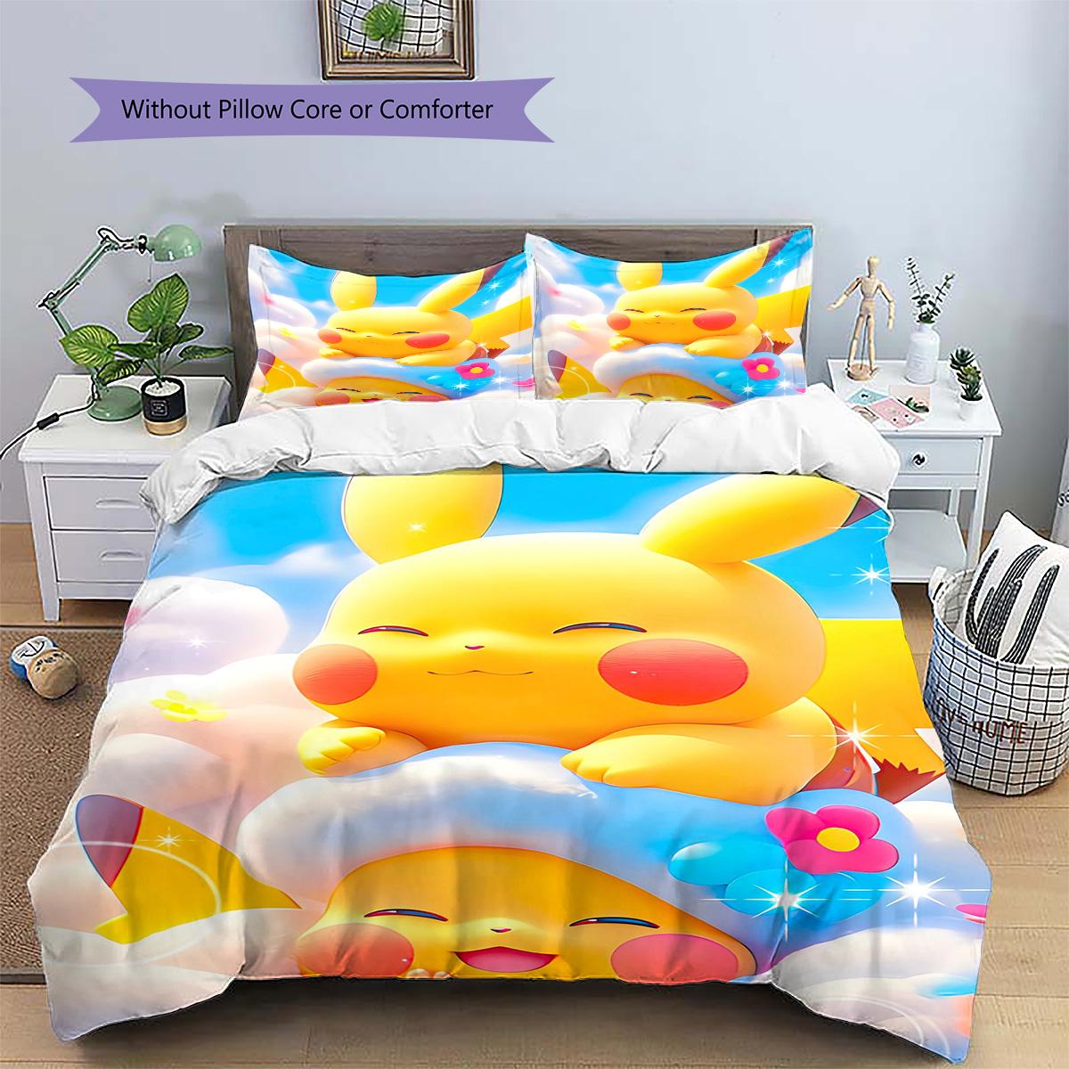 

Pikachu Patterned Pillowcase & Duvet Cover Set Interior Decor Anime Bedding for Bedroom Daily Present for Anime Fans.-TING 135x200cm