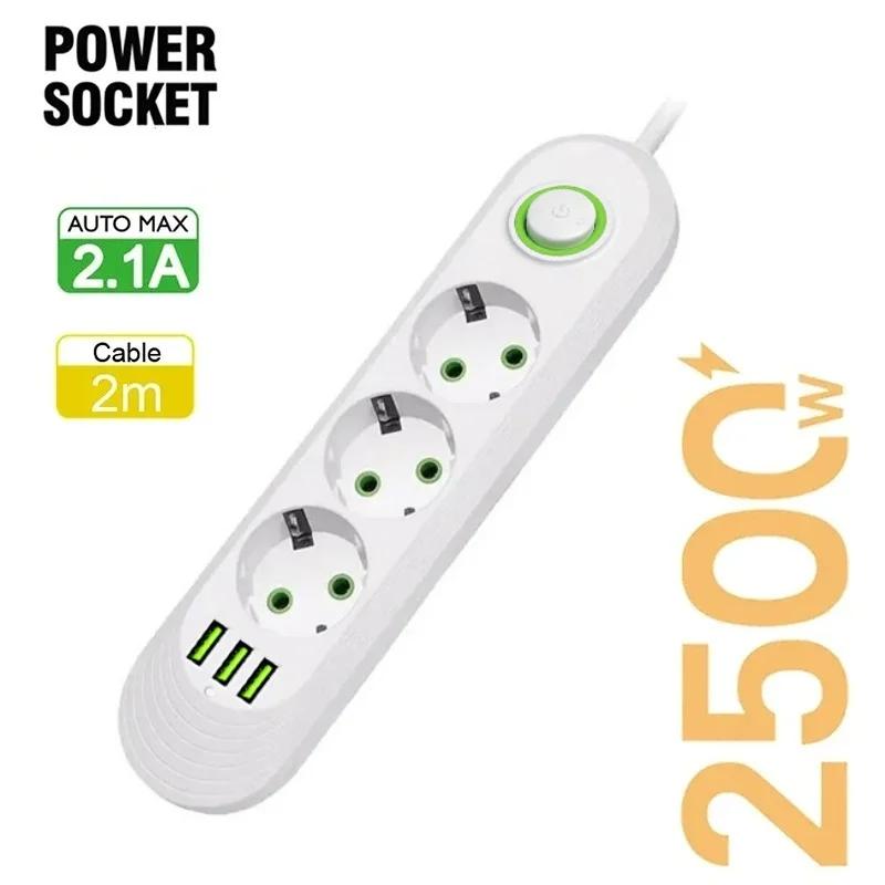 EU Plug Power Strip with 3 USB Ports 2M Cable Extension Cord Socket Network Filter Round Pin AC Outlet Electrical Charge Adapter