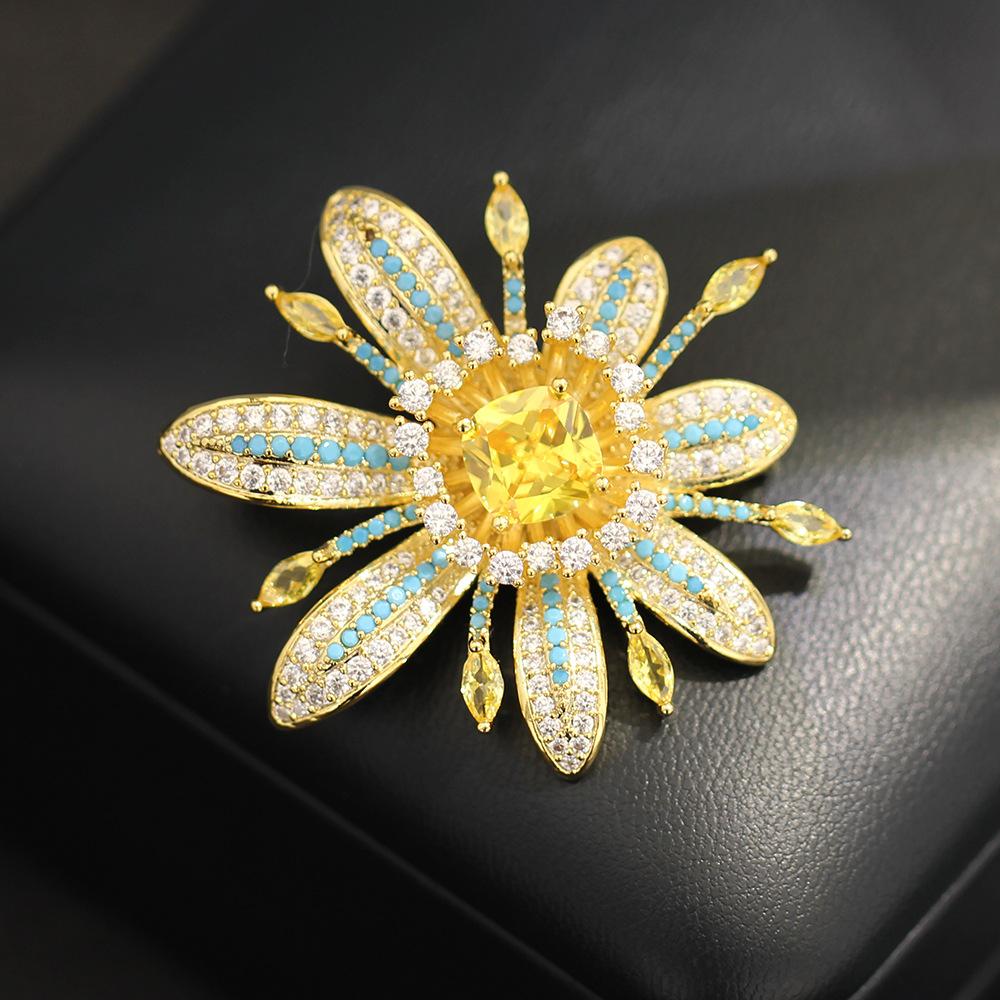 22646 Women's Blue/Light Korean High-End Niche Full Diamond Yellowstone Daisy Brooch Temperament High-End Floral Pin Anti- Corsage