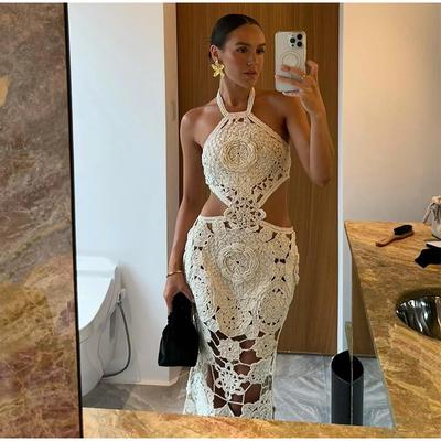 Hollow Out Flower Beach Dresses Lace Slimming Backless Waist Exposed Hanging Neck Suspender Vest Sexy Strapless Women Long Dress