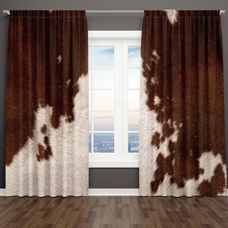 2pc Brown Cow Print Curtains 3D Faux Fur Texture Light Filtering Drapes Farmhouse Rustic Home Decor for Living Room Bedrooms