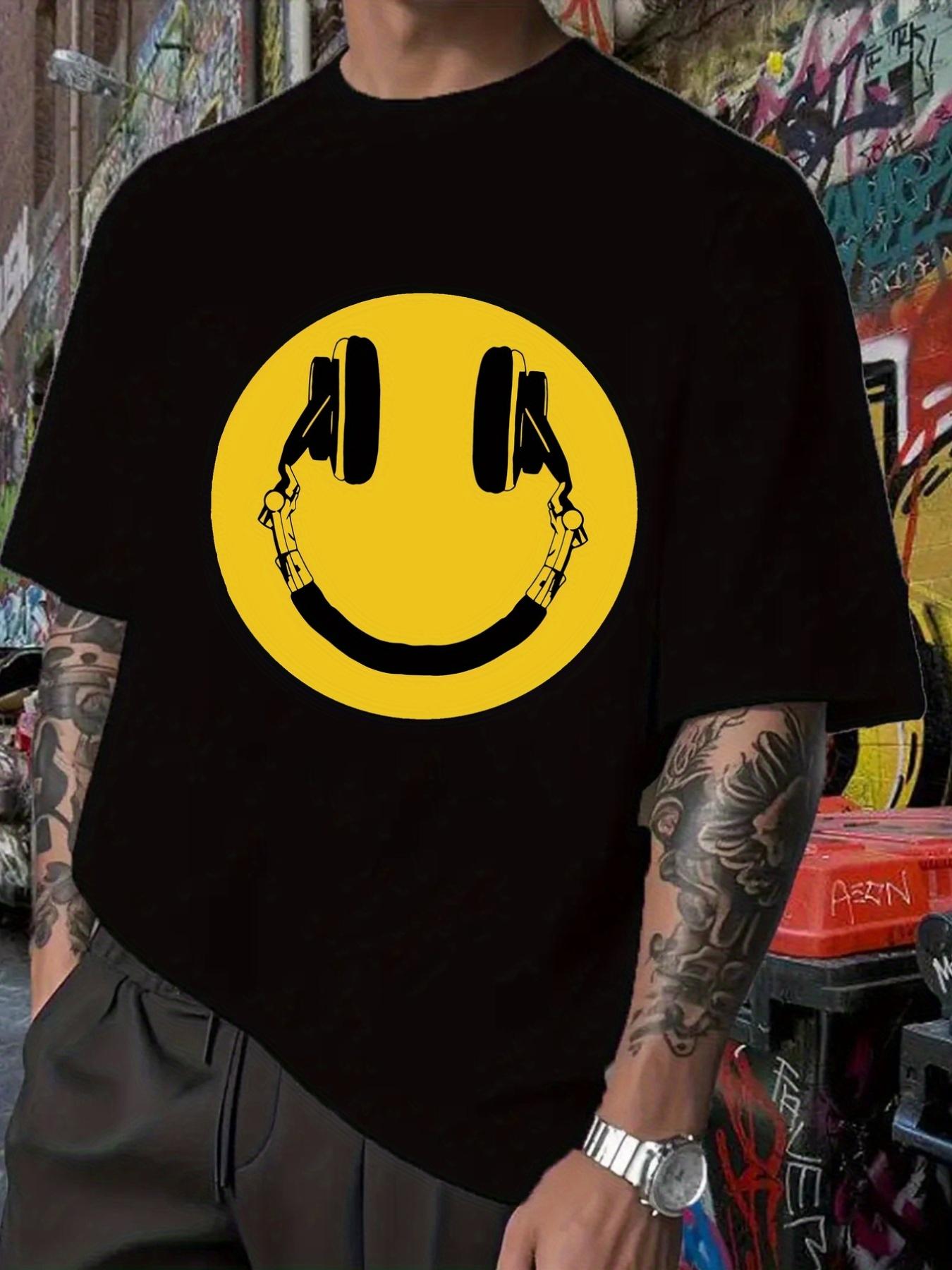 Music Lover Graphic T-shirt - Black Tee with Yellow joyful Face Headphones Design - Lightweight Stretch Fabric Casual Streetwear for Concerts XXXXL