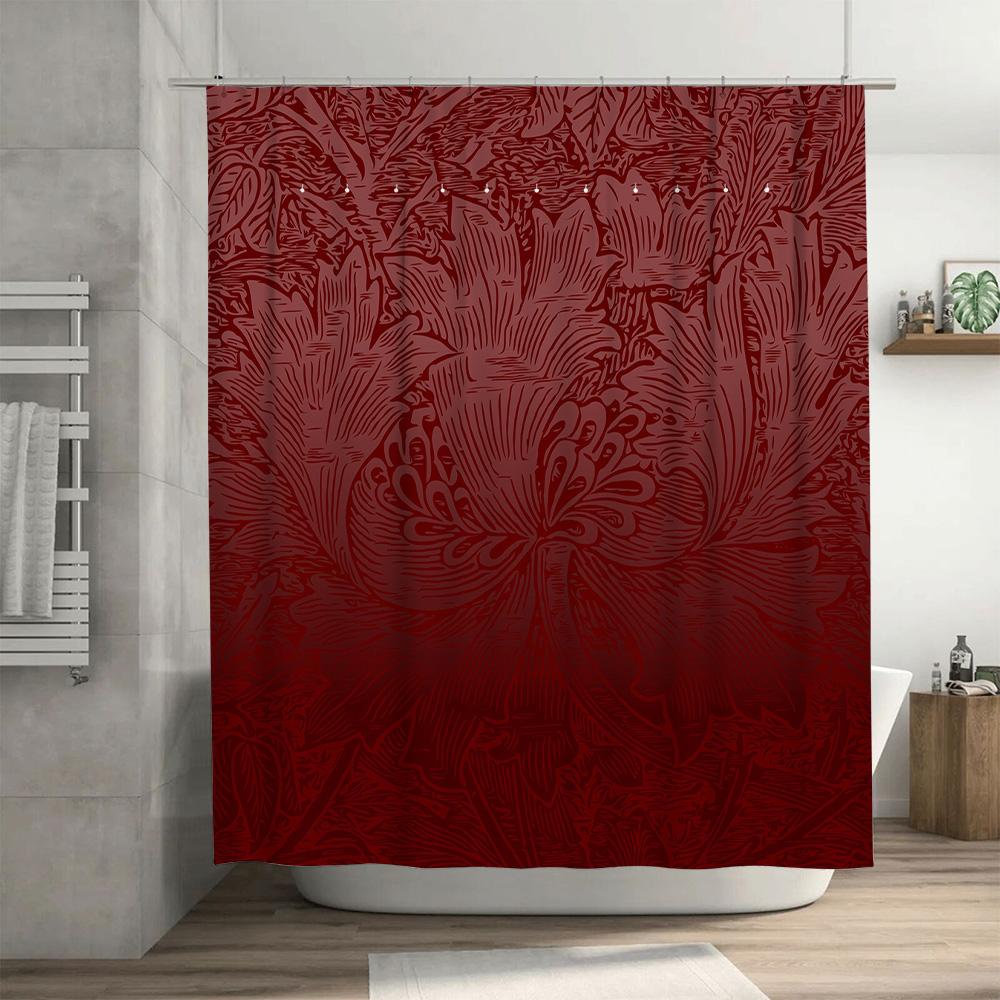 Luxurious Shower Curtain With Red Floral Design Waterproof Bathroom Decor For Home Decoration
