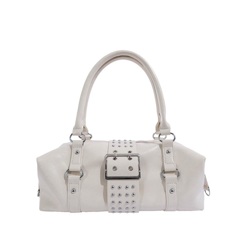 2026 Spring/Summer White Studded Women's Motorcycle Style Handbag - Versatile Crossbody & Handheld Bag