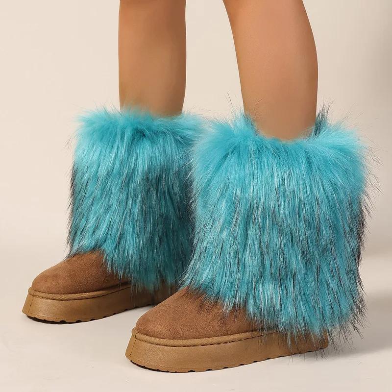 Winter women faux fur snow boots warm short plush lining fluffy fashion furry shoes woman platform suede leather ankle boots