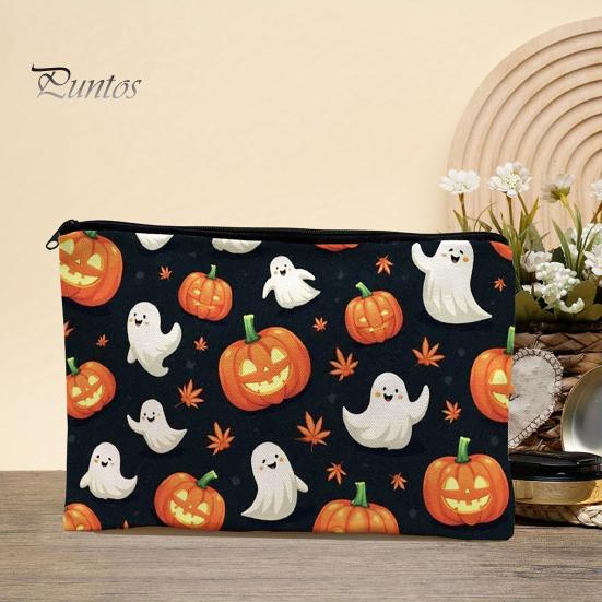 Versatile Zippered Storage Bag Halloween Bag, with Pumpkin Ghost Print, Durable Canvas Stationery Large Capacity Makeup Pouch, for Travel And