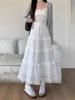 Weiß Hohl Lange Kuchen Rock Frauen Frühjahr Hohe Taille Spitze Patchwork Rüschen EINE Linie Midi Röcke Süße Ballett Kleidung