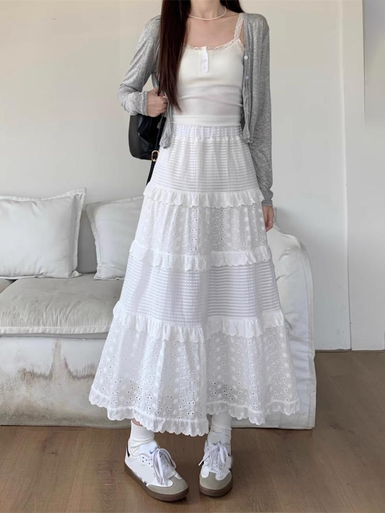 Weiß Hohl Lange Kuchen Rock Frauen Frühjahr Hohe Taille Spitze Patchwork Rüschen EINE Linie Midi Röcke Süße Ballett Kleidung