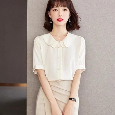 Womens Peter Pan Collar Short Sleeve Button Down Shirt