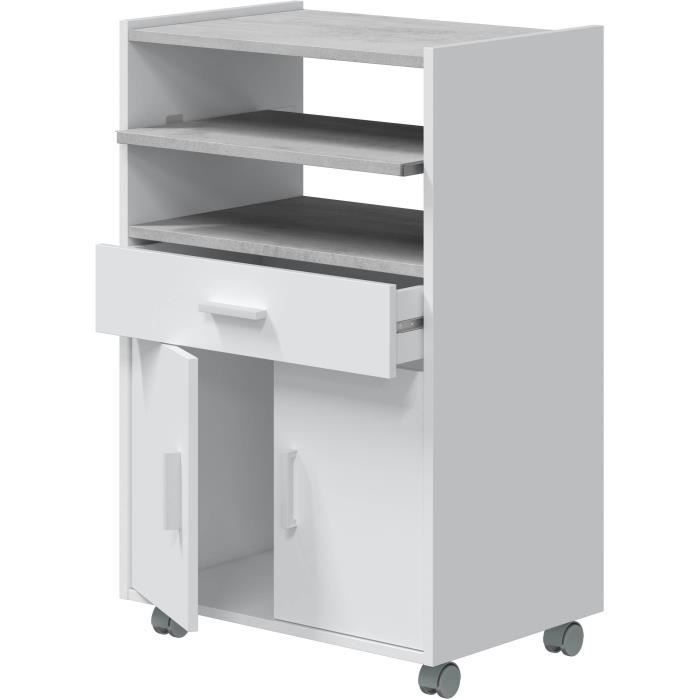 Meuble Micro-ondes TIDY - Blanc Artik Béton - 2 Portes + 1 Tiroir - L92 X H59 X P40 Cm