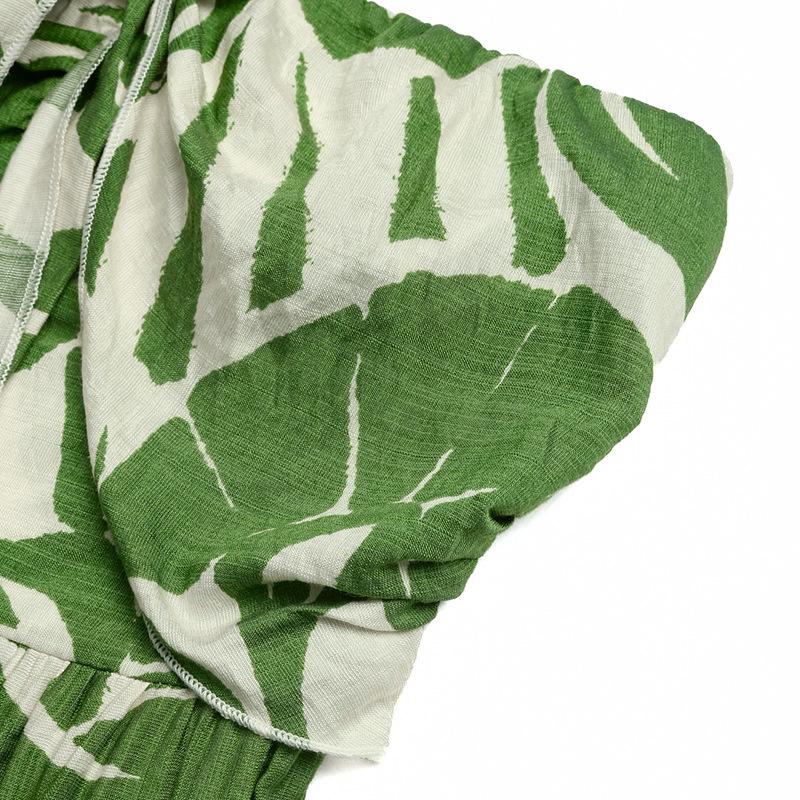 2026 Summer Strapless Green Leaf Print High-Waist Wide-Leg Jumpsuit - Fresh Vacation Style
