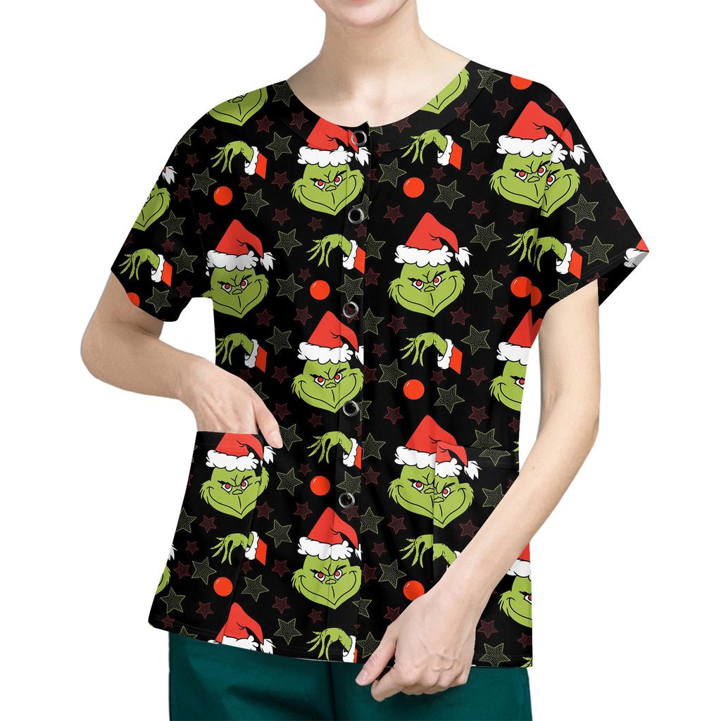 Women's Short Sleeved Patterned Pockets, Work Print Stand Up Collar, Single Breasted Protective Clothing, Cardigan Jacket, Top