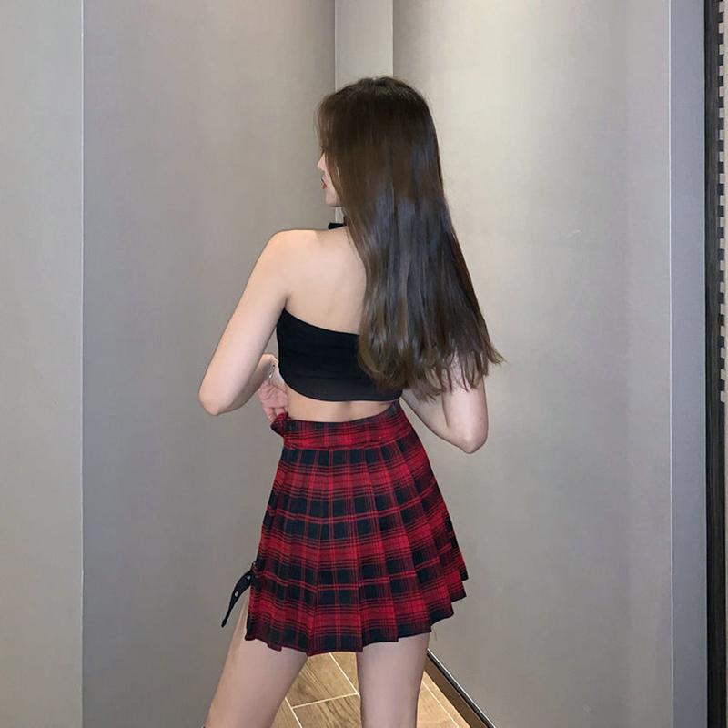Gothic Skirt Punk Tie Half Skirt Plaid Pleated Skirt Trendy Irregular Short Skirt Gift for Girls Women