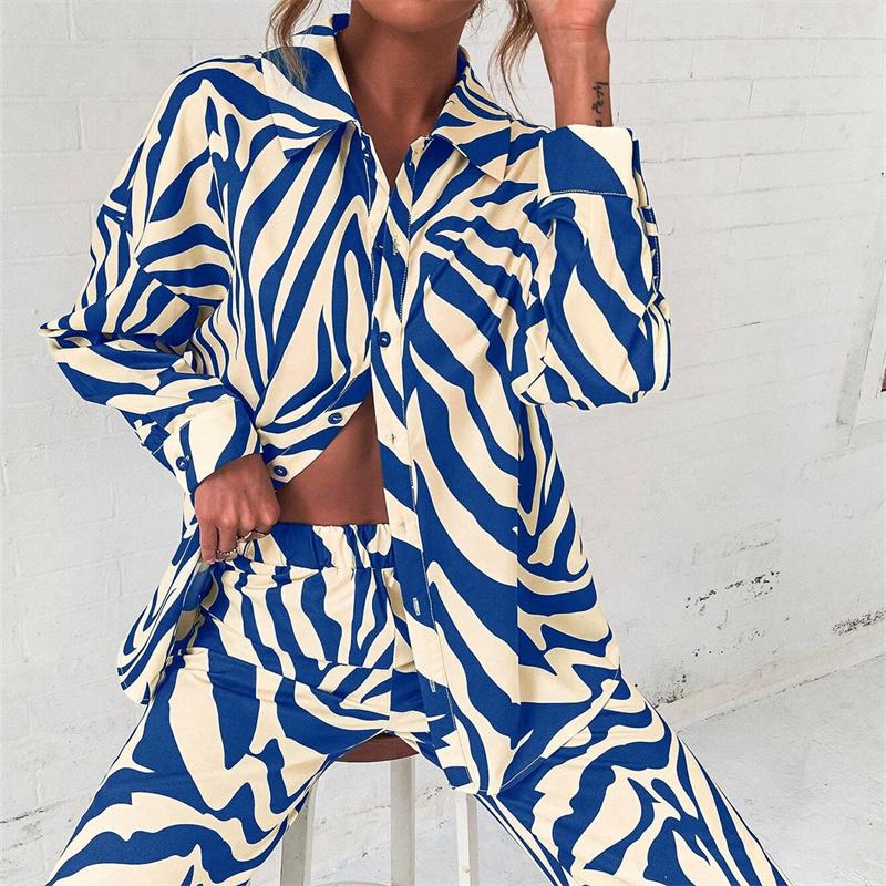 Autumn Elegant Long Sleeve Top And Elastic High Waist Trousers Suit Trouser Suits Loose Stripe Women Shirt Pants Two Piece Set