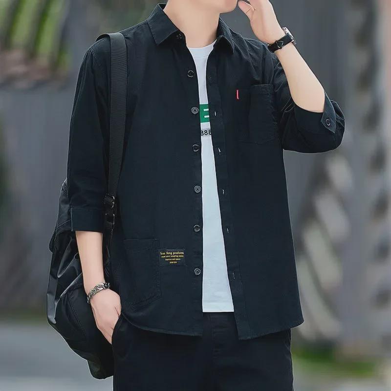 Chemise Décontractée Ample en Coton Lavé à Manches Trois-Quarts Style Hong Kong pour Homme