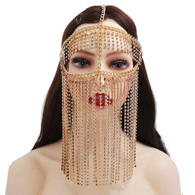 Exaggerated Long Tassel Metal Diamond Headgear Face Chain Women, Dance Performance Mask Accessories