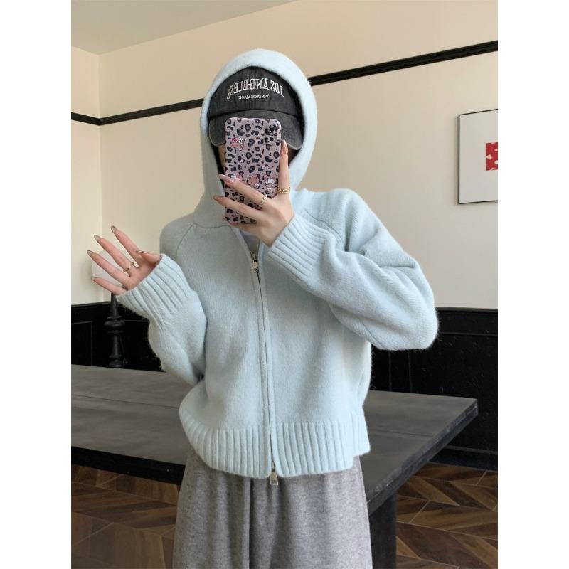 Double zipper hooded knitted cardigan women's autumn and winter exterior design lazy gentle wind sweater jacket